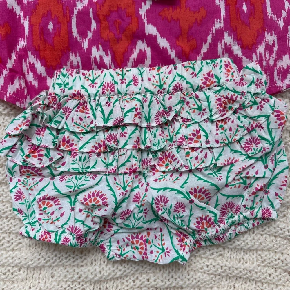 Masala Baby Fuchsia and Orange Ikat Top with Floral Ruffle Bloomers